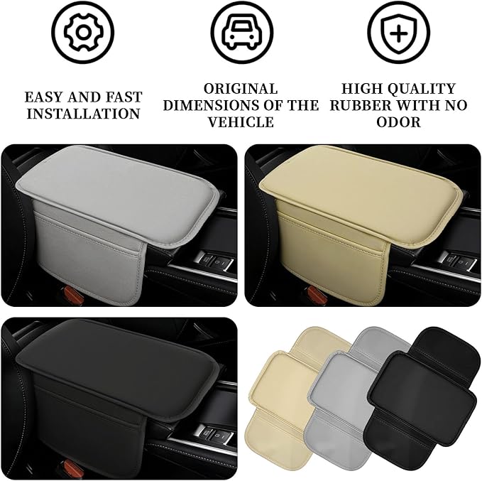 Car Center Console Cover Arm Rest Cover Pad for Car Armrest Box, Middle Console Covers Leather Armrest Box Mat Pad Protector Cushion with 2 Storage Bags for Cars Interior Accessories(Beige)