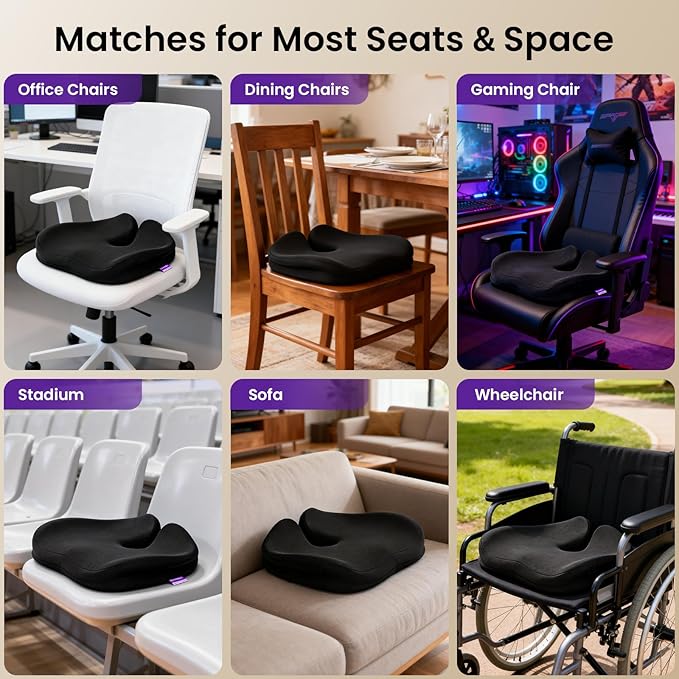 Seat Cushions for Office Chairs, Car Seat - Patented Coccyx Cushion for Tailbone Pain - Memory Foam Butt Cushion for Pressure Relief - Carry Handle & Non Slip Bottom (Black)