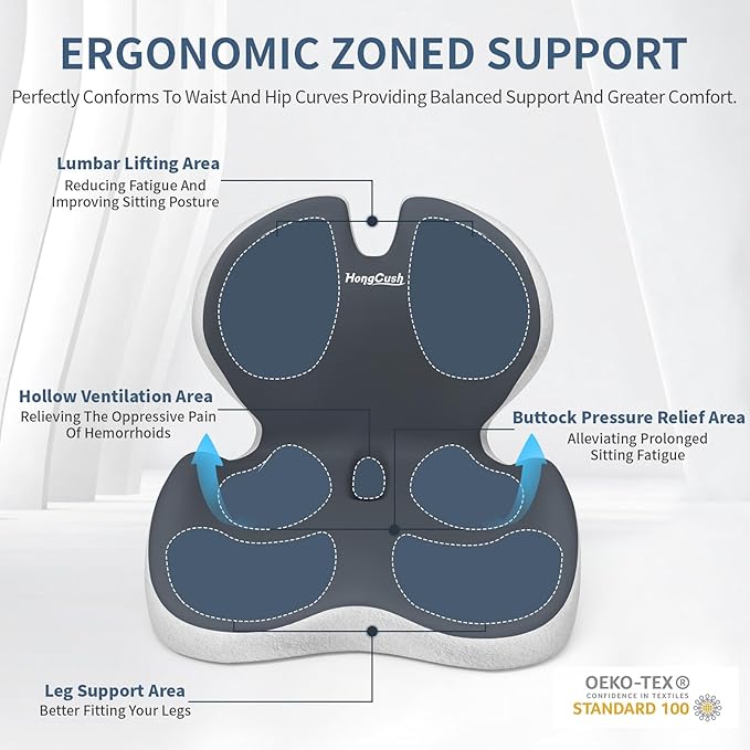 Memory Foam Seat Cushion with Lumbar Support for Back Pain & Sciatica Relief, Office Chair & Car Seat Cushion with Adjustable Strap