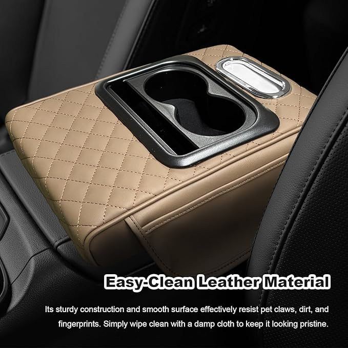 Car Center Console Armrest Pillow, Multifunctional Armrest Box Cover with Cup Phone Tissue Holder & Side Pockets, Waterproof Leather Middle Console Cushion for Most Vehicles (Beige, Embroidered)