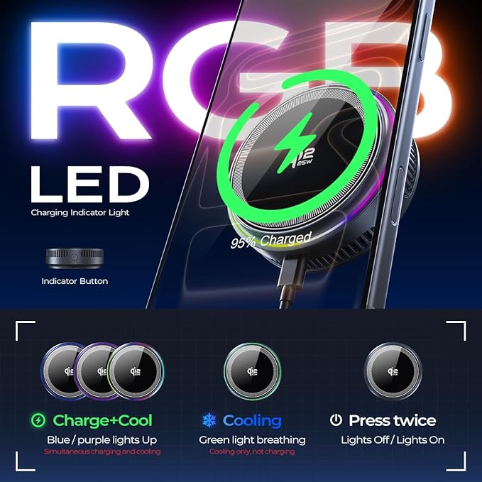 Qi2.2 Wireless Charger【25W Fast Charging+Instant Cooling】 Magnetic Charger Pad with Cooling Fan,LED Light Phone Holder Fast Charging Compatible with iphone17/16/15/14/13/12 Series