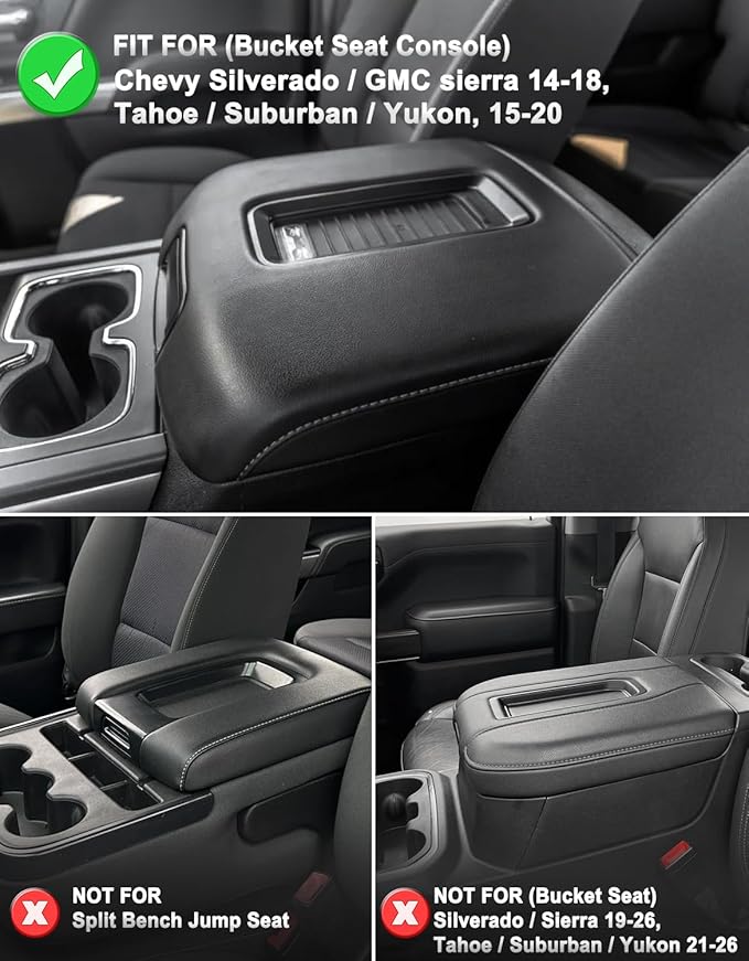 KBH Center Console Armrest Cover for Chevy Silverado & GMC Sierra 1500 2500 3500 2014-2018, Yukon & Tahoe & Suburban 2015-2020, Arm Rest Cushion, Vinyl Leather, Black (Fits Bucket Seat Console Only)