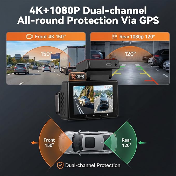 4K Dash Cam Front and Rear Dash Camera for Cars with WiFi GPS App Control ADAS Dashcam,3 inch IPS Screen Dash Cam with G-Sensor,Loop Recording,Night Vision Dashboard Camera