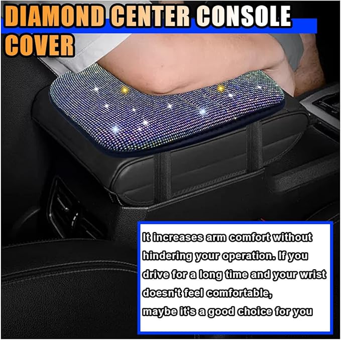 11.9''×8.4'' Bling Car Center Console Cover, Crystal Diamond Elbow Pillow Car Armrest Seat Box Cover, Soft Arm Rest Protective Cushion Pad for Women Girls, Auto Interior Decor for Car SUV (Multicolor)