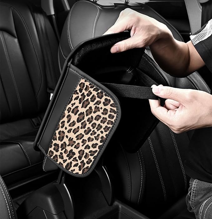 Dotesy Cheetah Print Car Center Console Cover,Microfiber Leather Car Armrest Pad Cushion with 2 Storage Bags,Universal Car Armrest Storage Box Car Interior Accessories for Most Vehicles Beige Tan