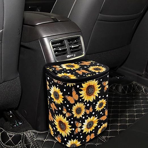 BIGCARJOB Sunflower Car Trash Bin Car Trash Can Bags Butterflies Print Hanging Accessories Trash Can Storage Bag for Women Girly Cute Car Trash Can with Lid Collapsible