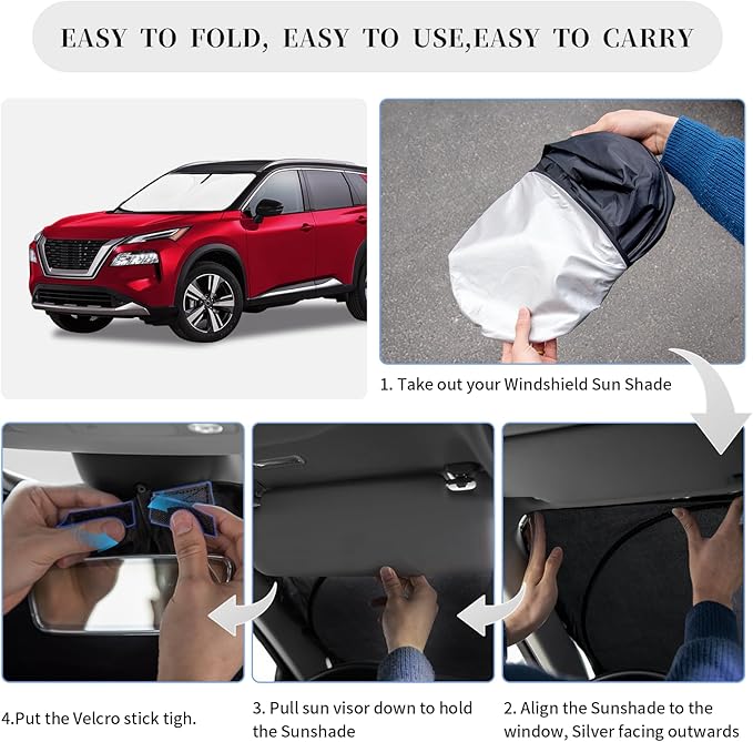 Sun Shade Sunshade for Nissan Rogue 2014-2020 Windshield Cover, 4-Layer Front Window Rogue for Shade (Not for Rogue Sport) Sun Visor 240T Retractable Shade Blocks UV Rays Car Accessories