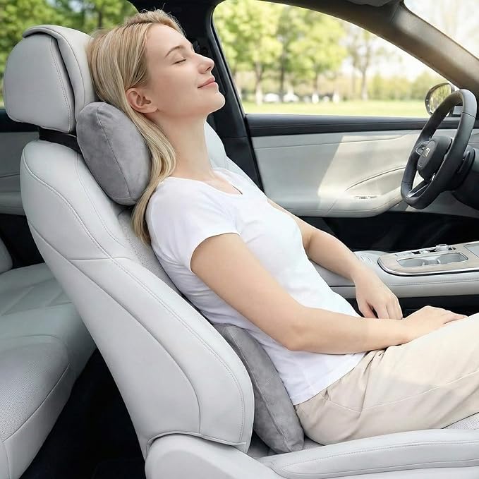 2PCS Car Pillow for Car Neck Pillow for Driving Seat Neck Support Soft Cushion Back Support Head-Rests for Vehicle Sleeping with Elastic Adjustment Strap (Grey, Head and Lumbar)