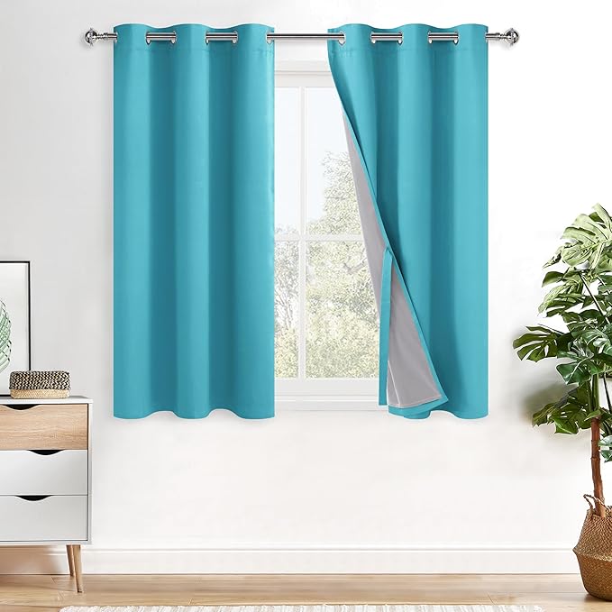 XWZO 100% Blackout Curtains with Tiebacks- 2 Thick Layers Completely Shaded Window Treatment Thermal Insulated Lined Drapes with Grommets for Bedroom/Patio Door, Turquoise, W42 x L45, 2 Panels Set