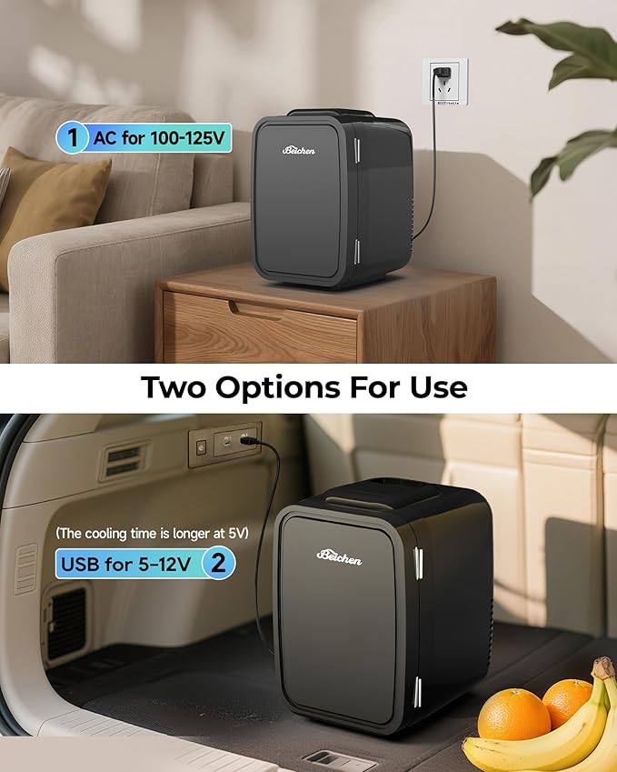 BEICHEN Mini Fridge, 4 Liter/6 Can Portable Refrigerator for Bedroom Office Dorm Car– Fast Cooling, Low Noise, 100-125V AC/5-12V USB Small Compact Refrigerator for Skincare, Food, Drinks(Black)