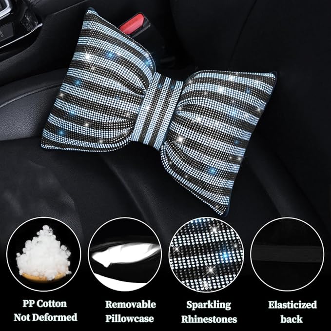 Car Seat Head-Rest Pillow Bow Automobile Neck Headrest Cushion Bling Bling Rhinestones Diamond for Automotive Accessories Girls and Women Neck Support Interior White-Black 2Pcs