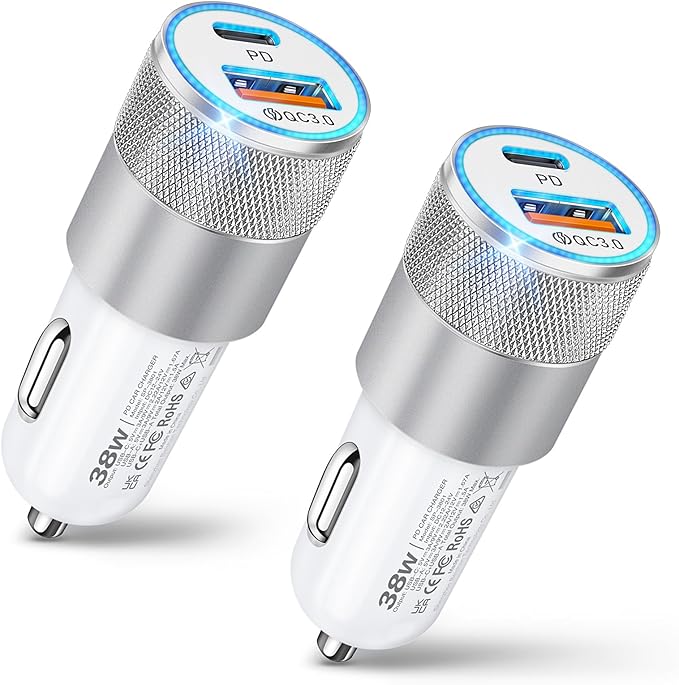 Car Charger, 2 Pack 38W Dual-Port USB-C & USB-A Cigarette Lighter Adapter USBC Car Charger Fast Charging for iPhone16e 16 15 14 13, Samsung S25 S24 S23, Pixel Cargador para Carro Phone Plug