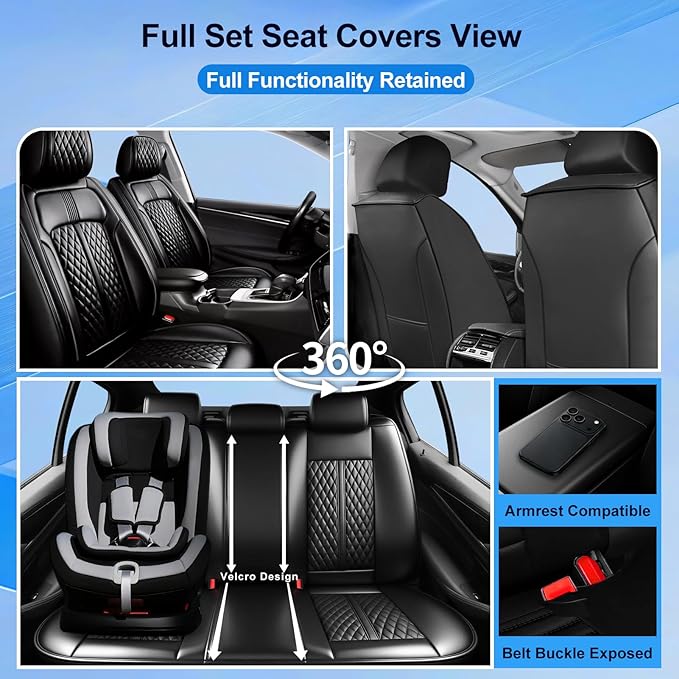 Fit CX-5 Car Seat Covers for Select Mazda CX5 2013-2024 2025 2026 - Premium Full Coverage Leather, Airbag Compatible, Waterproof & All Weather Seat Cushion Protector, Full Set, Black