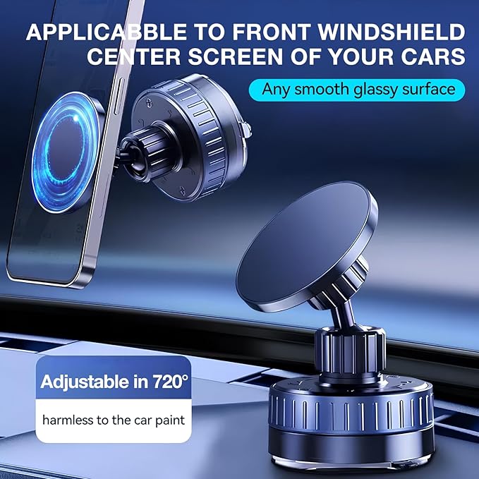 2025 Upgrade Vacuum Magnetic Phone Holder, 720° Retatable Suction Cup Phone Mount, Strong Magnetic Cell Phone Holder for Car/Gym/Mirror/Desktop/Smooth Surface, Compatible with Magsafe iPhone