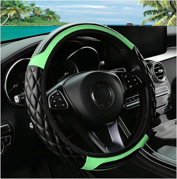 Car Steering Wheel Cover, 14.5-15inch Leather Anti-Slip Car Wheel Cover Protector, Safety Comfortable Desgin, Universal Auto Steering Wheels Accessories for Cars Truck SUV (Green)