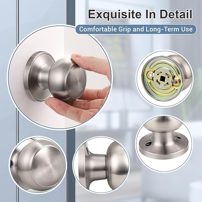 KNOBWELL 2 Pack Brushed Nickel Dummy Door Knob, Single Sided Handle for Closets, French Double Doors, and Pantry, Satin Nickel One Side Non-Turning Interior Push/Pull Door Knob