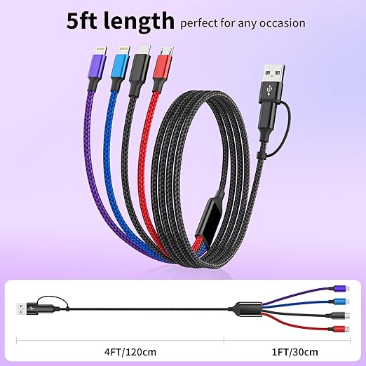 Travel 4 in 2 Multi Charging Cable with Dual IP, Tinned Copper Multi Phone Chargers for All Devices with IP/IP/Type C/Micro Port, Compatible with Most Cell Phones/Tablets and More (1Pack, 5FT)