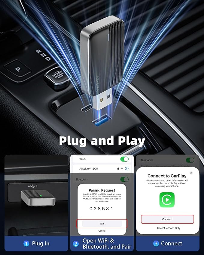 MoKo Wireless CarPlay Adapter for Apple iPhone, Mini Car Play Adapter for iOS 10+ & Cars with Apple CarPlay, Wired Car Play to Wireless, Fast Response Stable Control No Delay Not for Android,BlackGry