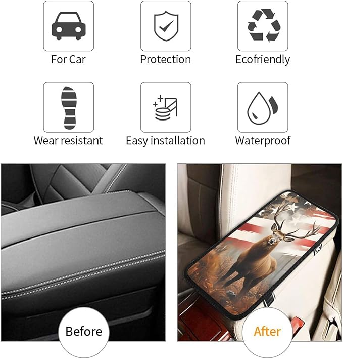 Universal Car Center Console Cushion Pad, American Flag Deer Soft Waterproof Car Center Console Cover Auto Armrest Seat Box Cover Protector for Most Vehicle SUV Truck Car