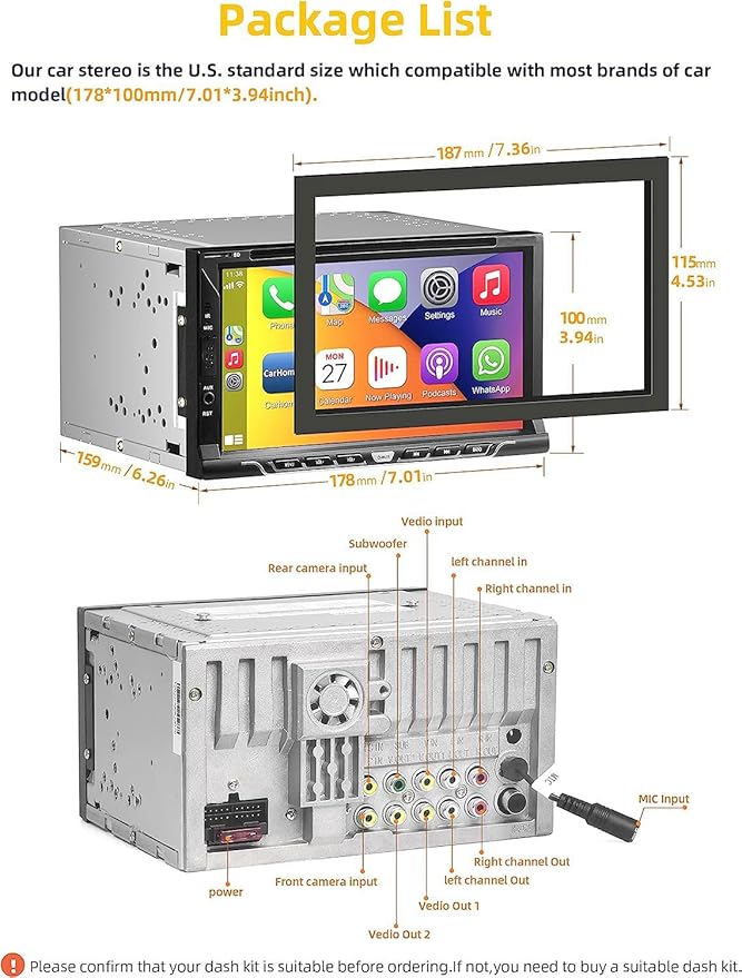 Double Din Car Stereo with CD/DVD Player, Apple CarPlay/Android Auto 7” Double din Radio with Backup Camera, Mirror Link, Bluetooth, AM FM Radio Receiver, SWC, Subwoofer, USB/TF/AUX…