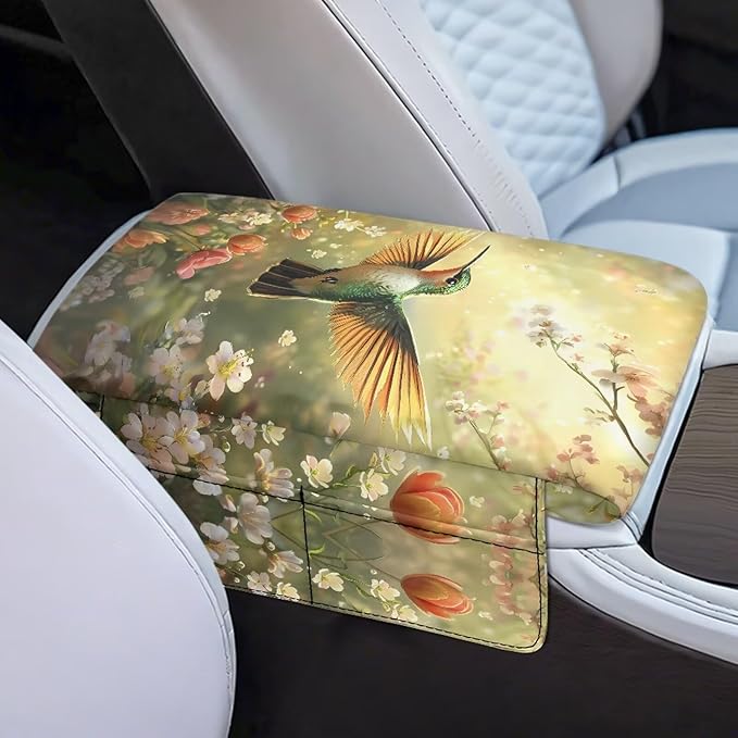 Car Center Console Cover with Side Pockets, Hummingbird Floral Soft Auto Armrest Cushion, Memory Foam Arm Rest Protector, Universal Seat Box Cover Car Interior Accessories