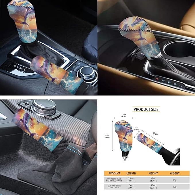 FKELYI Dolphin Car Seat Covers - Full Set with Steering Wheel, Gear Shifter, Handbrake, Headrest Covers and Cup Coasters