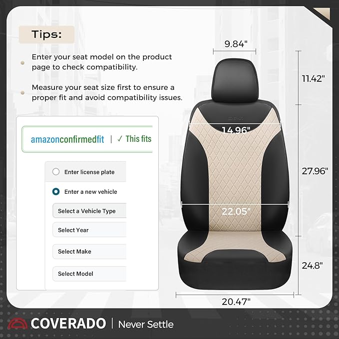 Coverado Front and Back Seat Covers, 5-Pack Universal Seat Covers for Cars, Leather & Fabric Splicing Design Car Seat Protectors, Waterproof Auto Seat Cushions Universal for Vehicles, Black & Beige