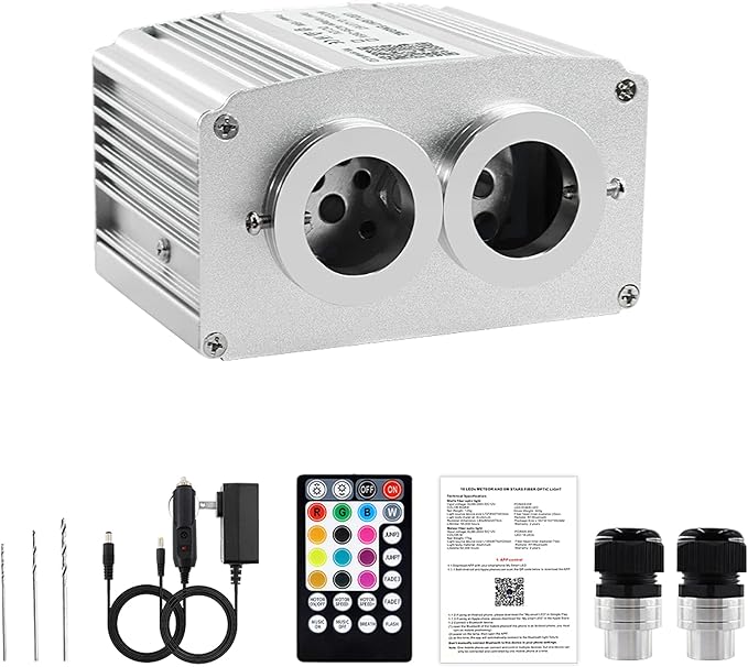 ATOKEE 16W Twinkle Dual Head Fiber Optic Light Box, Bluetooth App/RF Remote Control for Starlight Headliner, Car Plug & Power Adapter, PG Connector & 3 Drill Bits