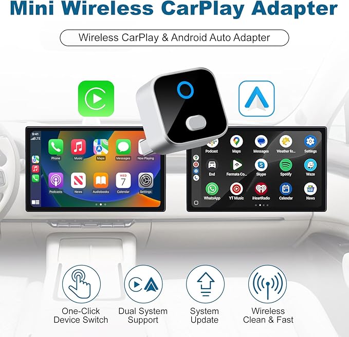 Wireless CarPlay & Android Auto Adapter, One-Click Switch Mini Size WiFi 6 & Bluetooth 5.4 Adapter, Fast Auto-Reconnect, Compatible with iOS 10+/Android 11+, for Factory Wired CarPlay Cars