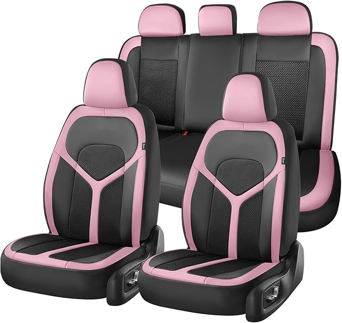 FLORICH Car Seat Covers Full Set, Universal Seat Cover 5 Seats, Automotive Seat Covers with Mesh Leather, Waterproof Car Seat Protector, Breathable Car Seat Cushion for Most Car SUV Truck, Pink