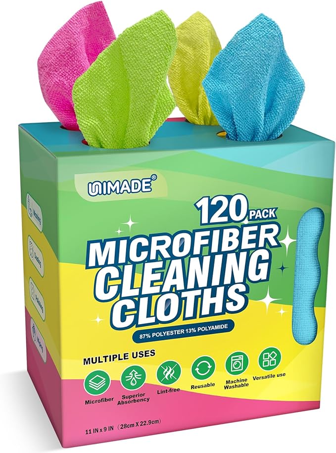 UNIMADE Microfiber Cleaning Cloth, 120 Pack Reusable Paper Towels Microfiber Towels for Cars Lint Free Washable Tissues Shop Rags with Dispenser Box for Home Kitchen Automotive, 11"x 9", Multicolor