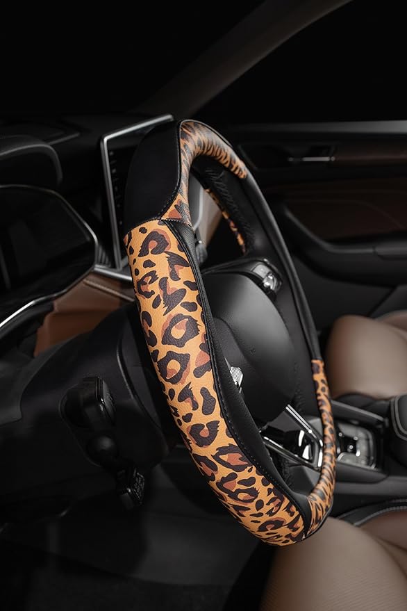 Lord Autofashion Steering Wheel Cover – PU Leather, Non-Slip Rubber Inner, All-Season Comfort – 14.5–15 Inch (Black/Leopard 8684)