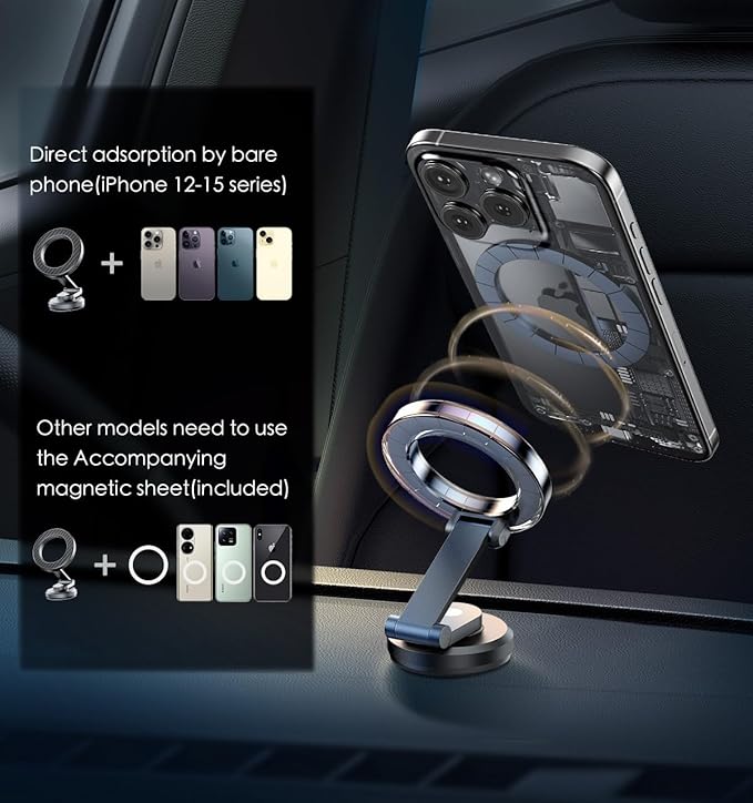 JUHOO Upgrade Phone Holder for car Magnetic rotatable and Retractable car Phone Holder Mount Dashboard Mount Fit for iPhone 15 14 13 12 Pro Max Plus Mini & All Smartphone