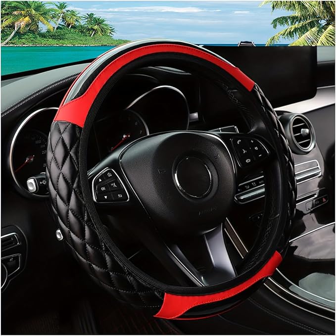 Car Steering Wheel Cover, 14.5-15inch Leather Anti-Slip Car Wheel Cover Protector, Safety Comfortable Desgin, Universal Auto Steering Wheels Accessories for Cars Truck SUV (Red)