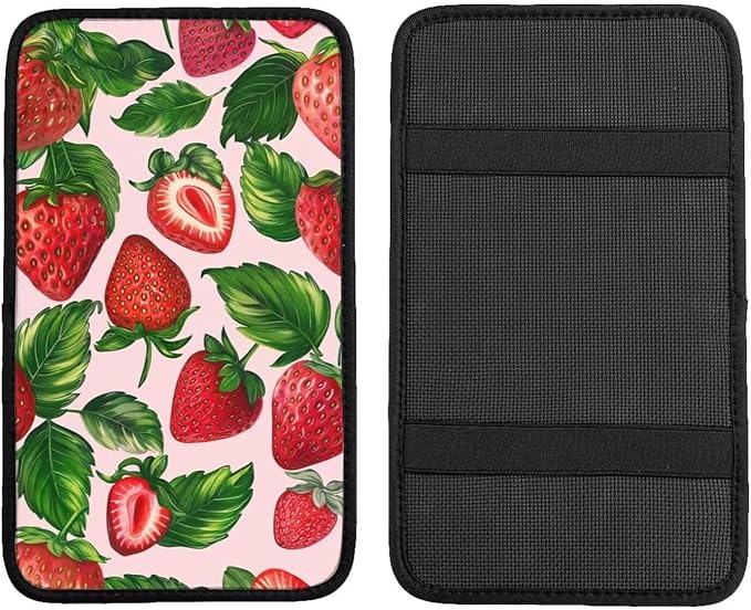 Car Center Console Cover Cute Strawberry Print Armrest Box Lid Protector Cover Pink Arm Rest Cover for SUV Truck Van Sedans Armrest Cushion Pad