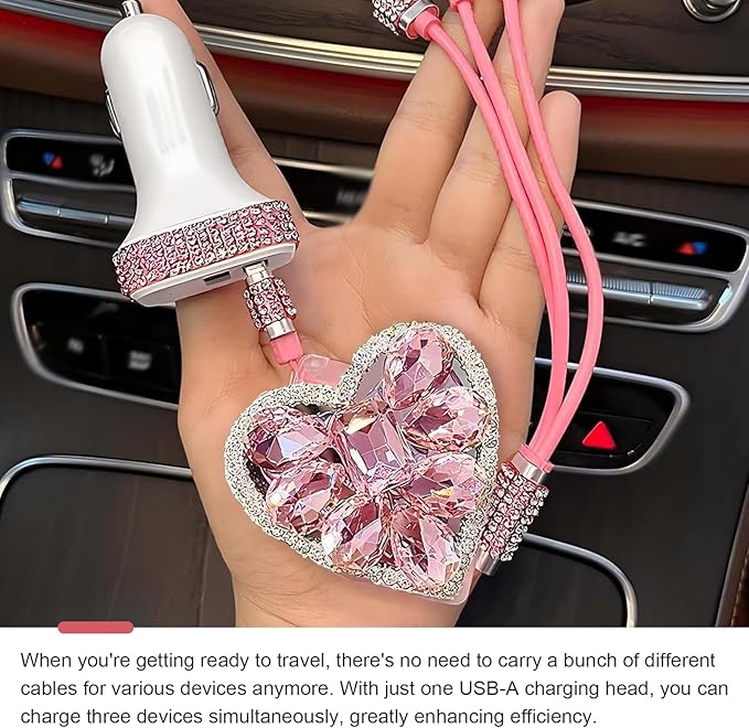 Multi Charging Cable, 3 in 1 Multi Charger Cable with Type-C/Lightning/Micro USB Connectors, Rhinestone Retractable Car Charger Cord, Universal for Most Phones, Tablets (Pink)