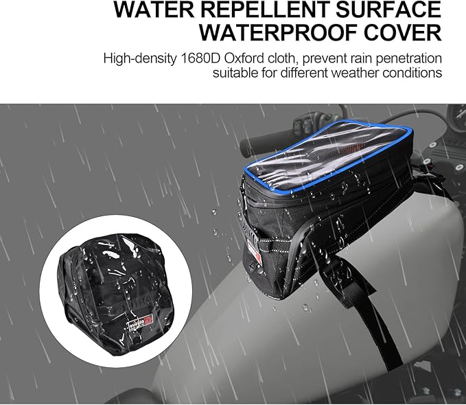 Motorcycle Tank Bag w/Strap Storage Bag Compatible with Honda Yamaha Suzuki Kawasaki Harley Water Resistant (Blue Piping)