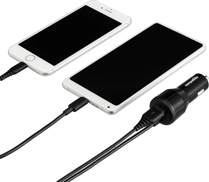Amazon Basics 30W Fast Car Charger, 1 USB-C (18W) Cable with PD, 1 USB-A (12W) Port, Apple MFi Certified, for Phones (iPhone 16/15/14/13/12/11/X, Samsung, and more), Black