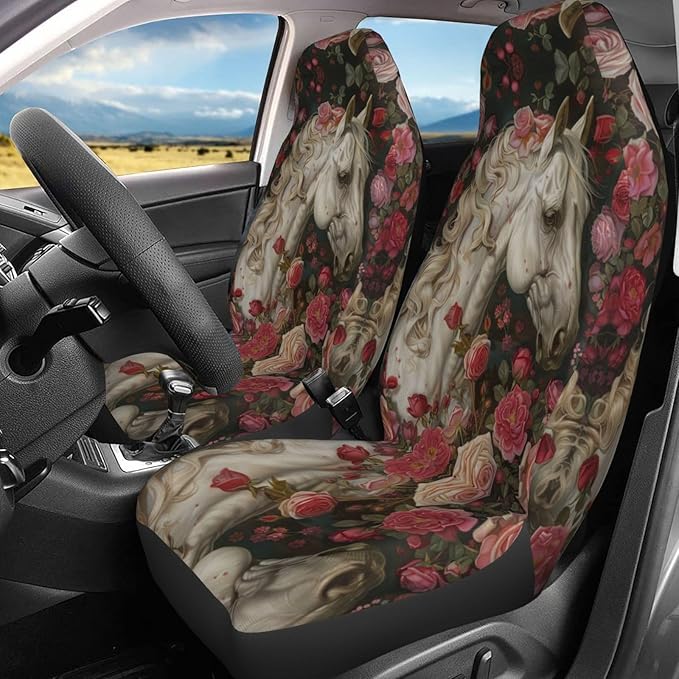 Delerain Car Seat Covers Set 2Pcs, Rose White Horse Universal Front Car Seats Vehicle Enterior Protector Suitable Fits Most Car Auto SUV Sedan Truck