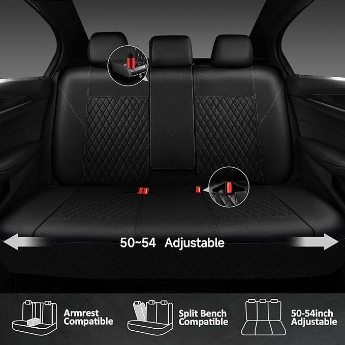 CAR PASS Faux Leather Back Seat Cover, Universal Quilting Waterproof Bench Rear Seat Cover Universal car seat Cover Fit 95% Automotive Interior Covers for Sedans SUVs Vans Small Trucks, All Black