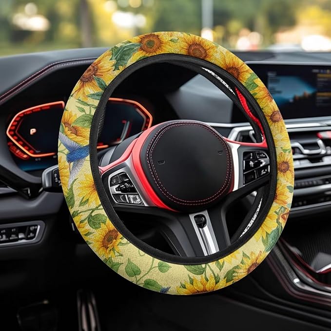 AFPANQZ Car Steering Wheel Covers 14-15" inch Universal Fit Most Car Sedans SUVs, Sunflower Print Comfortable Handmade Breathable Steering Wheel Protector