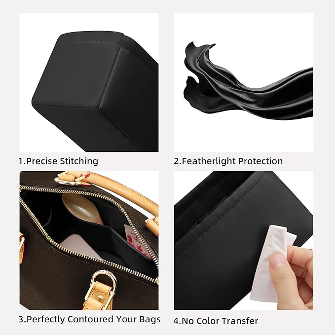DGAZ Silk Purse Organizer Insert Fits LV Speedy 16/20/25/30/35/45 bags，Silky Smooth Bag Organizer，Luxury Handbag & Tote Shaper（Black，SP25）
