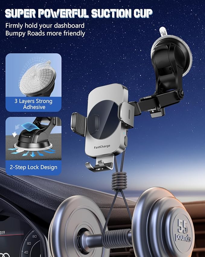 BothLin Wireless Car Charger, Fast Charging Phone Holder 3 in 1 Phone Mount Auto Clamping Car Accessories Compatible with iPhone 17 16 15 14 13 12 11 Xs XR, Samsung S23 Ultra S22 S21 S20(Space Grey)