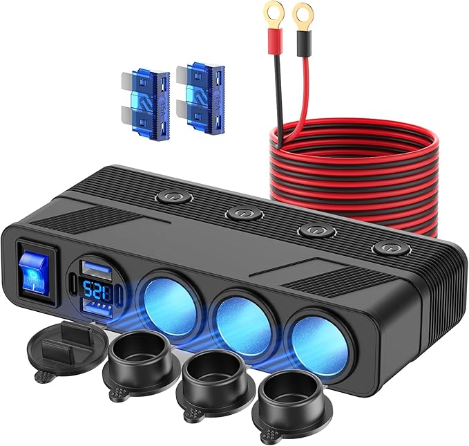 12V Cigarette Lighter Splitter with 10FT/3M Cable, 180W Car Charger Socket Multi 4 USB Port Adapter with LED Display Master and Independent Switch, 12 Volt Power Outlet Plug with Eyelet Terminal