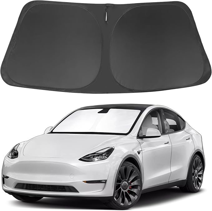 Windshield Sun Shade Custom Fit for 2017-2025 2026 Tesla Model Y Model 3 (Fit 2025 2026 Model Y Juniper/2024 Model 3 Highland) Accessories Foldable Front Window Sunshade Shield Blocker Keeps Car Cool