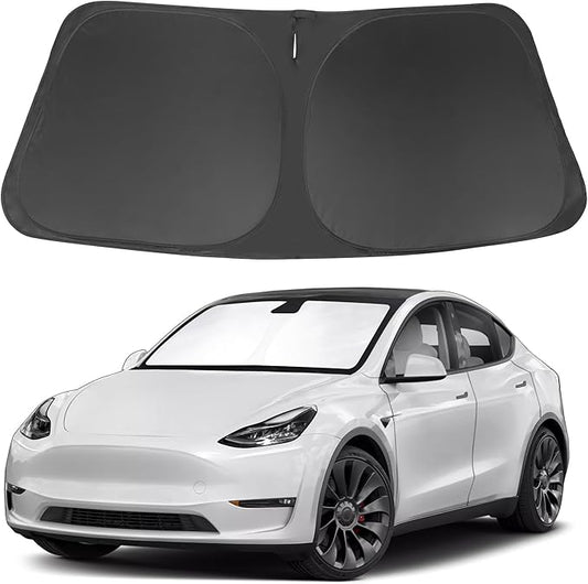 Windshield Sun Shade Custom Fit for 2017-2025 2026 Tesla Model Y Model 3 (Fit 2025 2026 Model Y Juniper/2024 Model 3 Highland) Accessories Foldable Front Window Sunshade Shield Blocker Keeps Car Cool