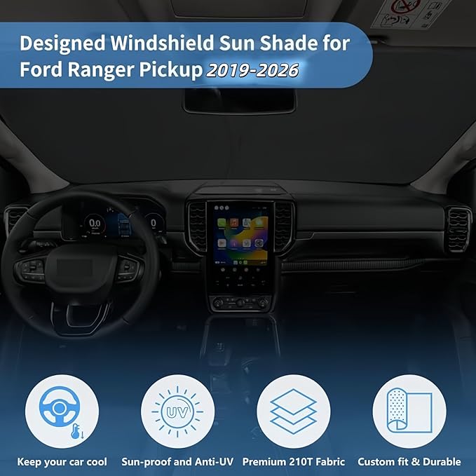 Windshield Sun Shade for Ford Range Window Sunshade for Ranger XL, XLT, Lariat 2019-2025 2026 Accessories Sunshade Windshield Cover Front Window Shade Sun Visor Foldable Blocks UV Rays Keep Car Cool