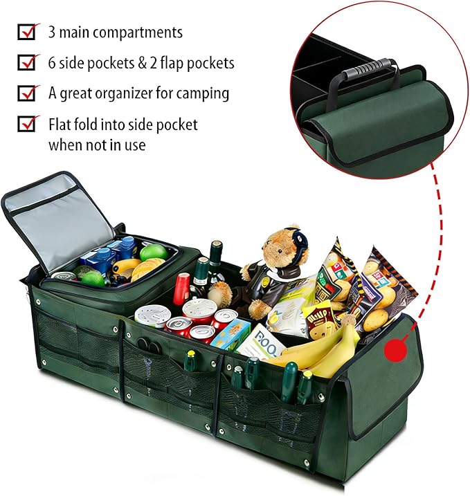 Car Trunk Organizer with Cooler Bag, Collapsible Multi-Compartment Car Organizer for SUV, Truck, Durable Car Storage Organizer for Groceries, Camping, Christmas Gifts (Green)