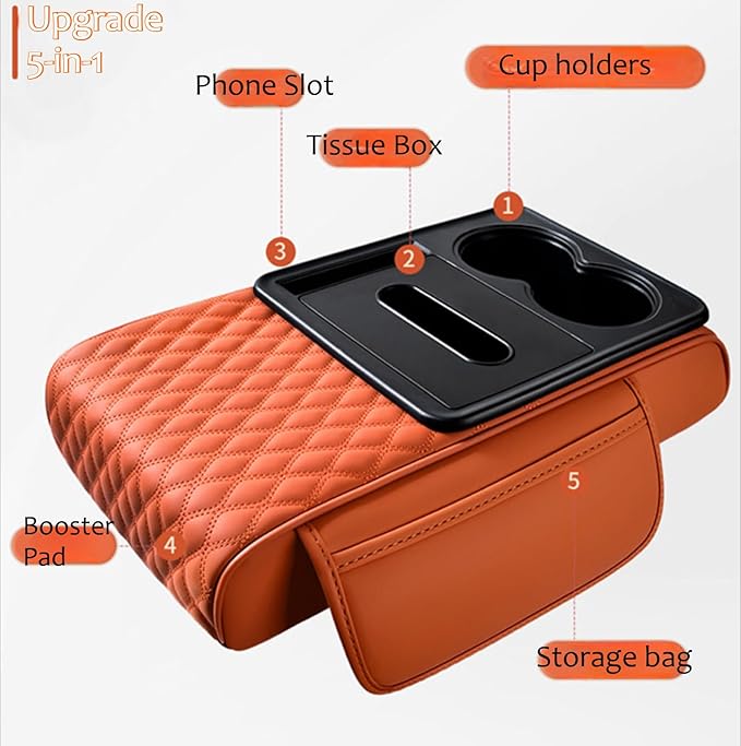 Car Center Console Armrest Pad, Arm Rest Box Cushion with Ergonomic Height Boost, Storage Pockets, Built-in Tissue Box, Cupholder, Fit for Most Sedan Vehicles (Embroidery Water Ripple, Deep Orange)