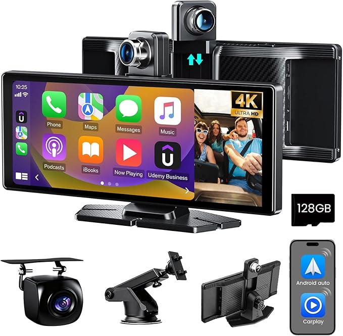 Portable Carplay-10.26" Screen Car Play-Wireless Apple Car Play & Android Auto,4K Dash Cam,1080p Backup Camera DVR,Audio Receivers GPS Navigation Mirror Link, Bluetooth,FM, Siri,SD Card